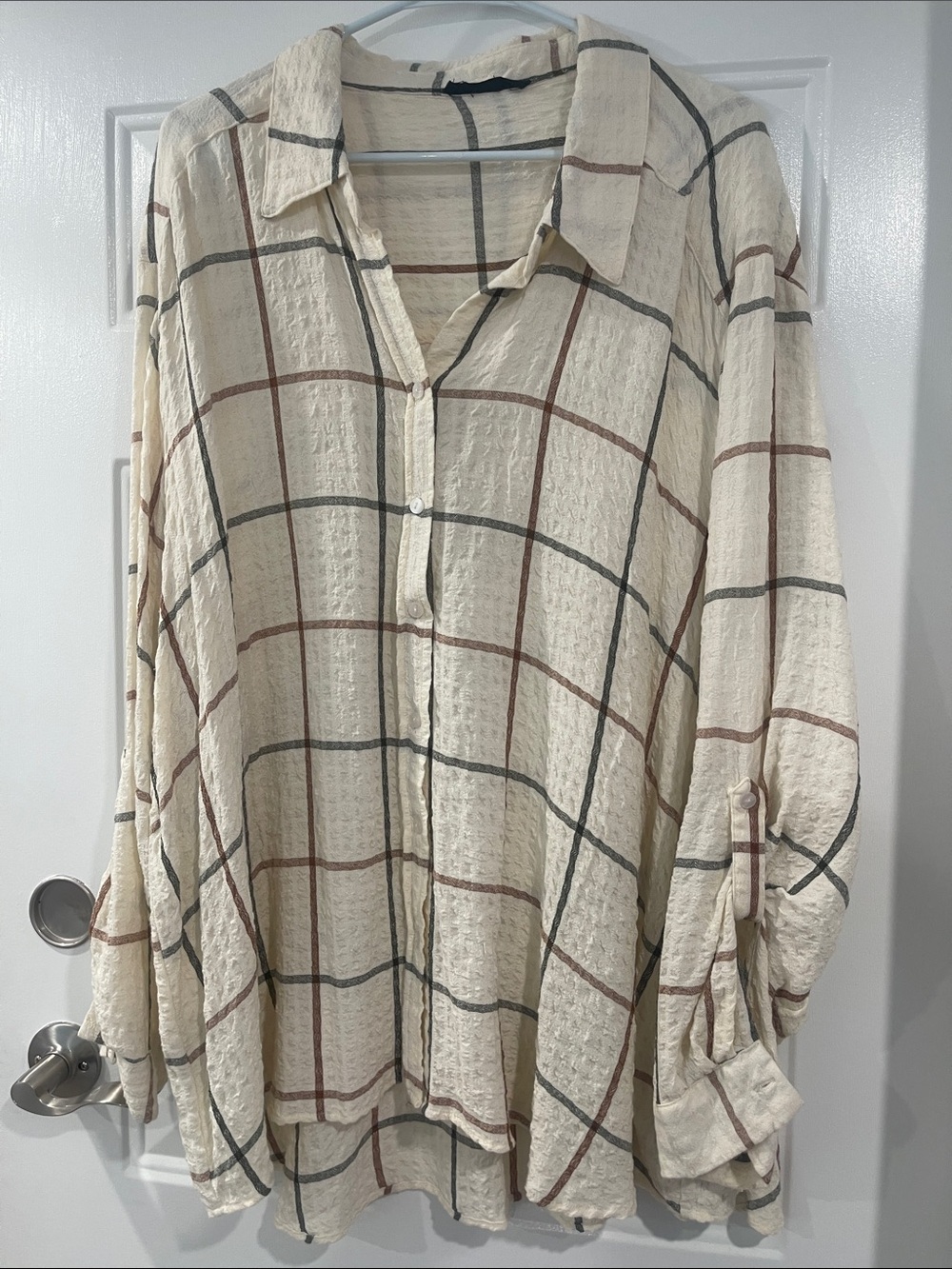 Jane and Delancey Cream Plaid Button-Down Shirt with Brown and Gray Stripes